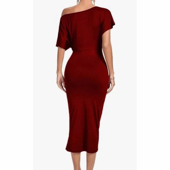 One Off The Shoulder Ruched Wrap Front Split Hem Draped Midi Dress Size Large - Picture 2 of 16